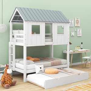 White Twin over Twin Wood House Bunk Bed with Trundle, Ladder, Roof and Windows