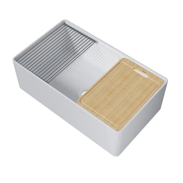 Farmhouse Sink 31 x 18 in. Fireclay Apron KitchenSink Reversible Single Bowl Undermount Installation White Cutting Board