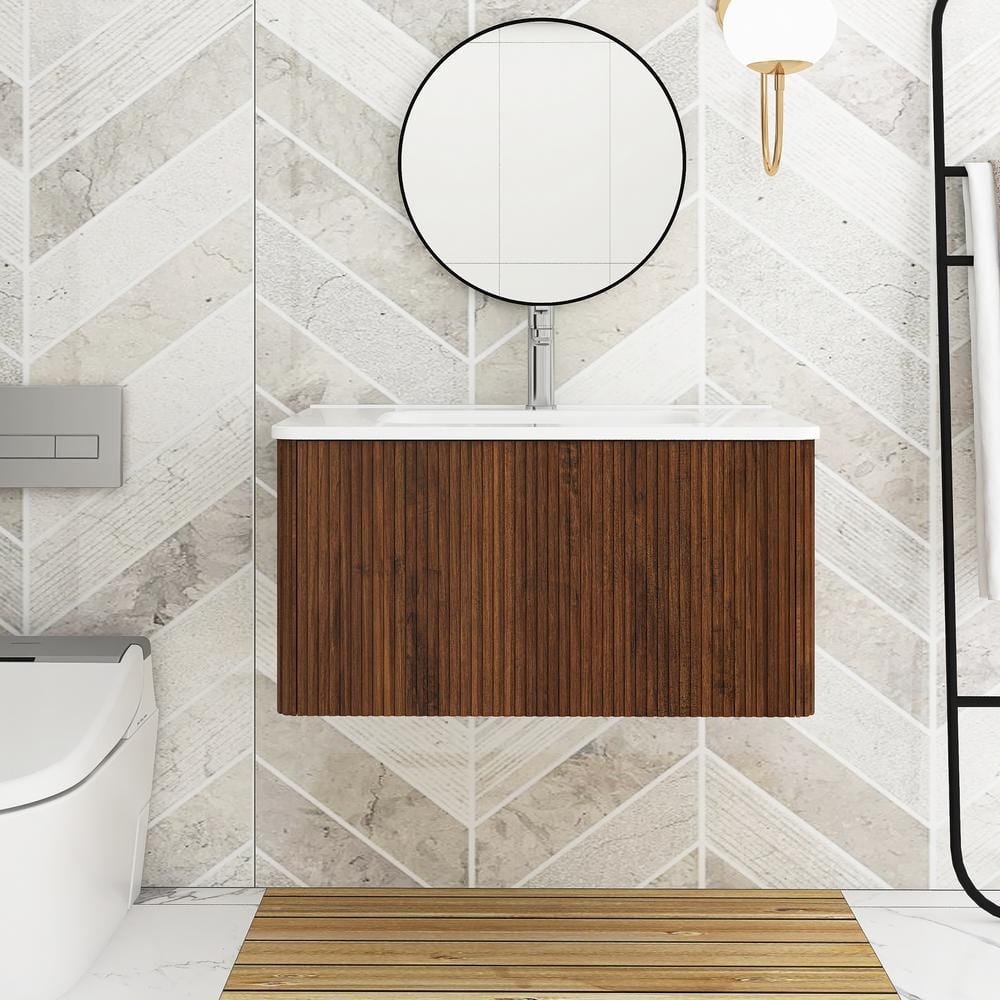 30 in. W x 18 in. D x 16 in. H Single Sink Wall-Mounted Bath Vanity in Walnut with White Ceramic ...