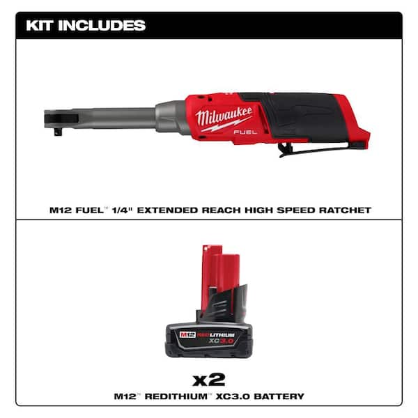 M12 FUEL 12V Lithium-Ion 1/4 in. Brushless Cordless Ratchet Extended Reach High Speed Ratchet with (2) 3.0 Ah Batteries
