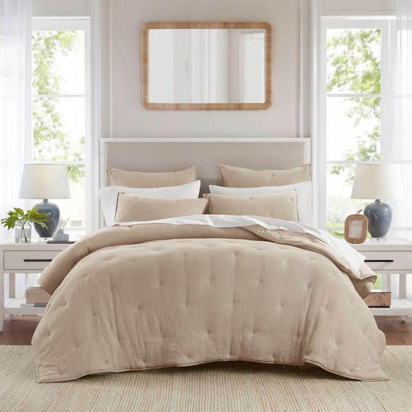 3-Piece Taupe 100% Premium Cotton Full/Queen Gauze Embroidered