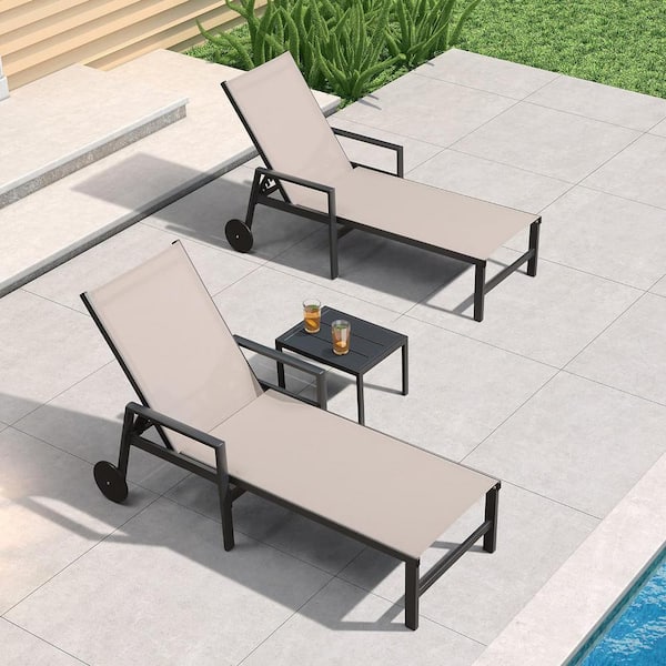 PURPLE LEAF 3-Pieces Aluminum Outdoor Chaise Lounge Chair with Wheels and Armrests Recliner Chair for Pool Backyard Beach, Beige
