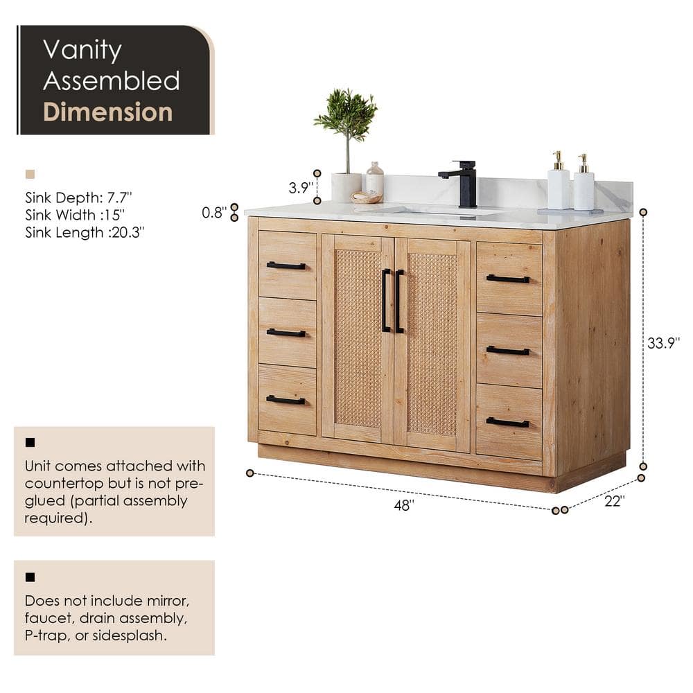 Light Brown Fir Wood Vanity with Calacatta Quartz Top, 48 Inch