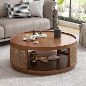 Mid-Century Modern 37.1 in. Brown Round Oak Veneer MDF Coffee Table with PE Rattan Side