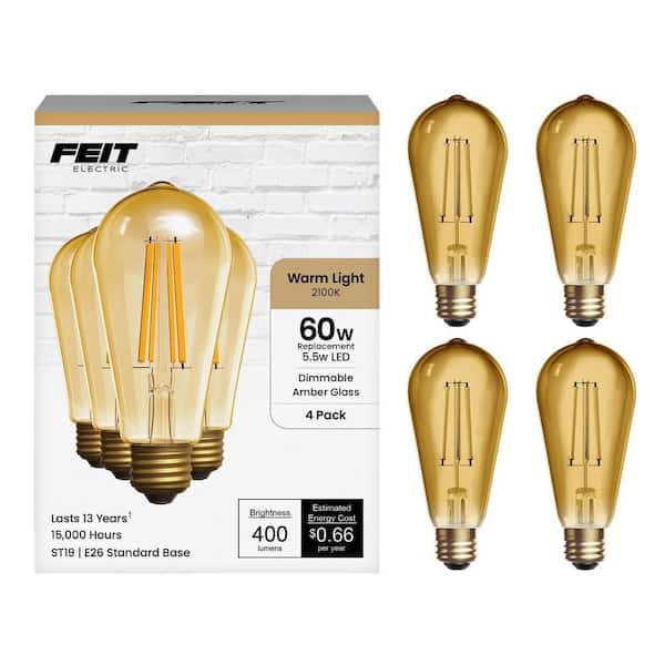 60-Watt Equivalent ST19 Dimmable Straight Filament Amber Glass Vintage Edison E26 LED Light Bulb, Warm White (4-Pack)