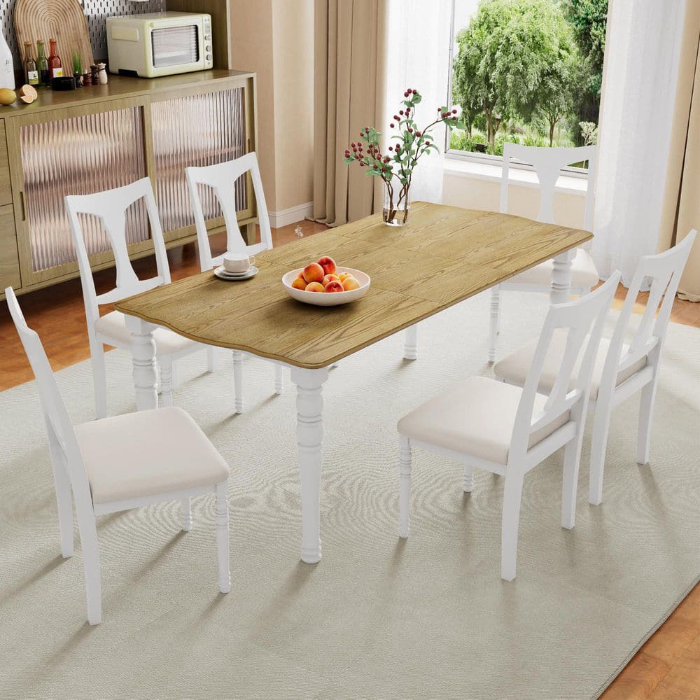 7 Piece Extendable Natural White Wood Top Dining Table Set Seats 6 with Removable Leaf