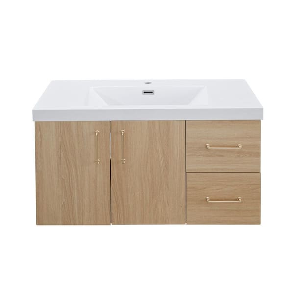 MinimalGrace 36 in. Single Sink Floating Oak Bath Vanity with White Resin Top