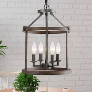 Cordelia 4-Light Dark Wood Grain Candlestick Chandelier with Cage Shade and Rusty Black Candlestick Lights