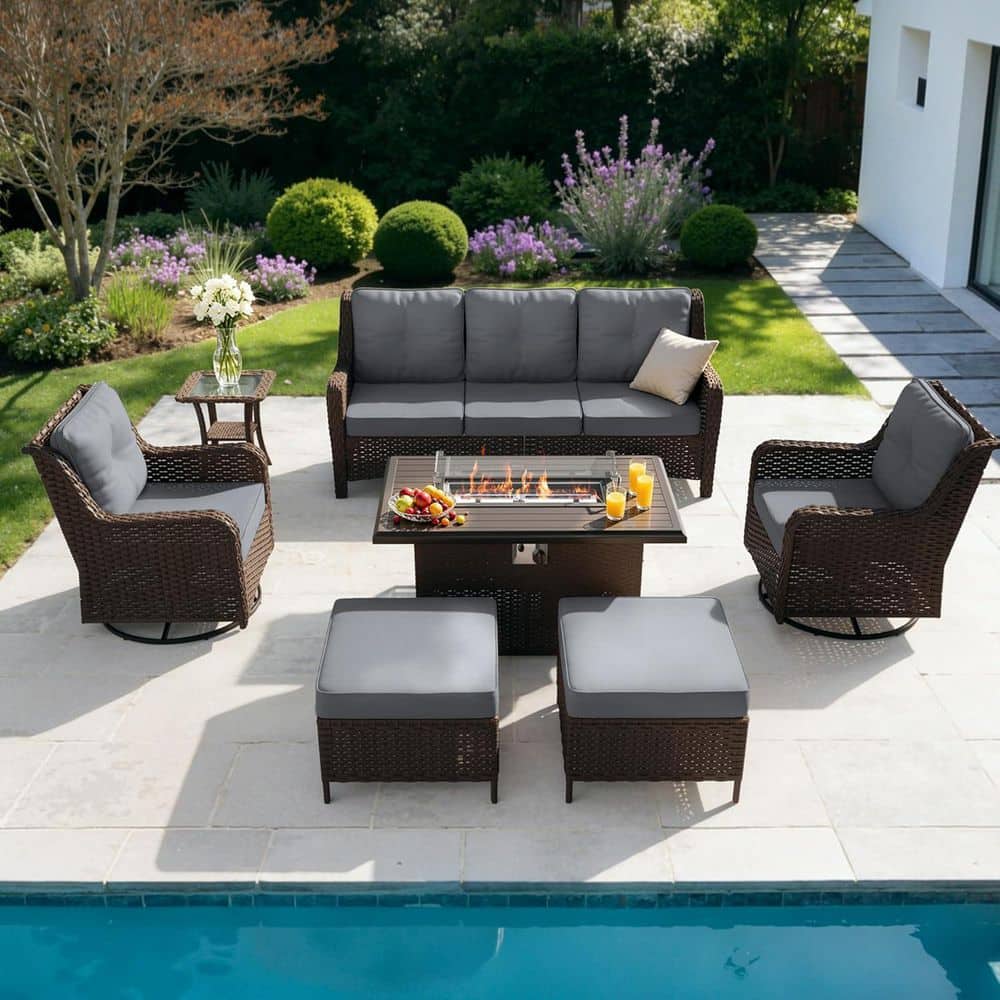 7-Piece Wicker Patio Conversation Set with High Back,Outdoor Swivel Rocker, Fire Pit Table,Ottoman and Cushions Gray price history on PriceWatchPro