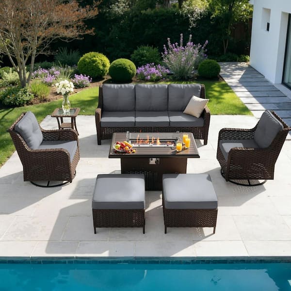 7-Piece Wicker Patio Conversation Set with High Back,Outdoor Swivel Rocker, Fire Pit Table,Ottoman and Cushions Gray
