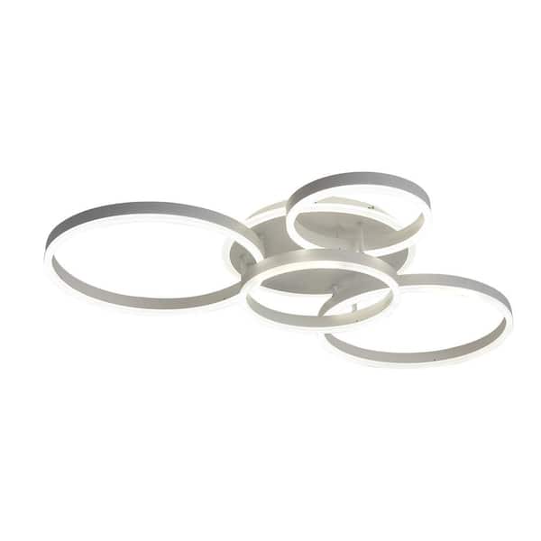 OUKANING 38.6 in. White Modern 4 Rings Flush Mount Dimmable Integrated LED Ceiling Light with Acrylic Shade and Remote