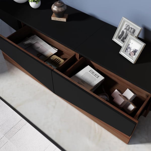 FUFU&GAGA Black and Brown Wooden Grain TV Stand