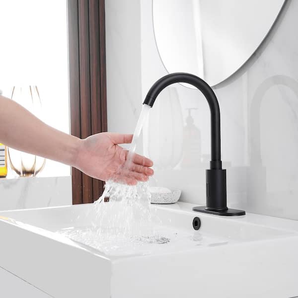 Automatic Sensor Touchless Single Hole Bathroom Sink Faucet Deck Mount with Temperature Mixing Valve in Matte Black