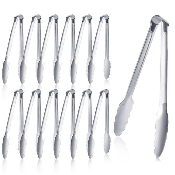 Silver Finish Stainless Steel Buffet Serving Tongs 12 Piece Pack for Kitchen BBQ Salad Utility Food Accessory