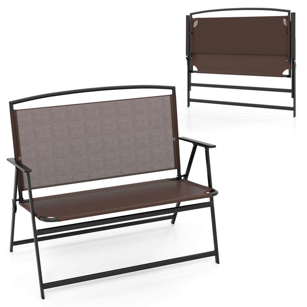 Brown Metal Foldable 2-Person Outdoor Garden Bench with Backrest and Armrests