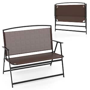 2-Person Brown Metal Outdoor Bench with Backrest and Armrests
