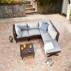 X-Leg 6-Piece Wicker Patio Conversation Sectional Seating Set with Gray Cushions