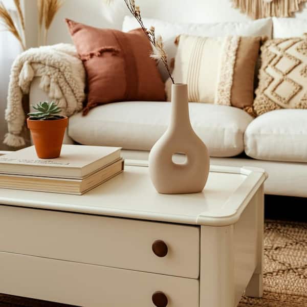 9 in. Ivory Stoneware Geometric Cut-out Nomad Decorative Vase