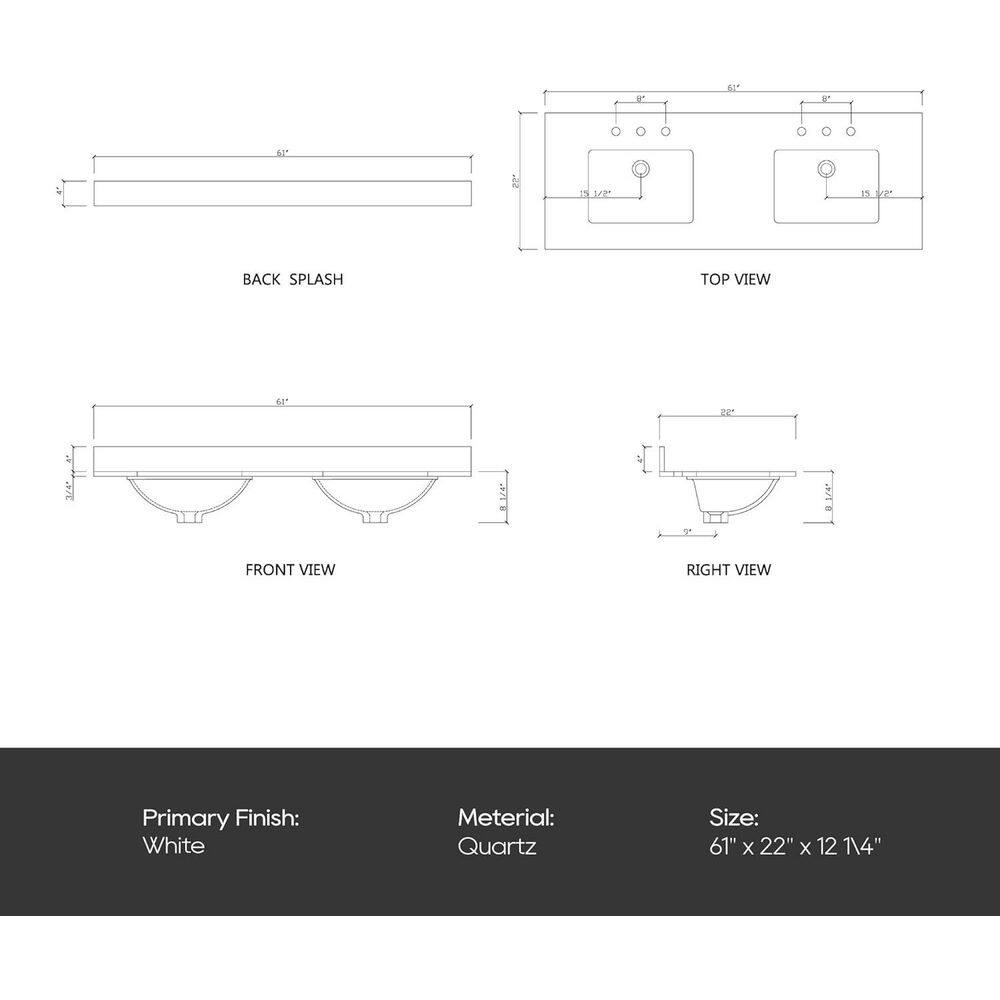Bianco Bella 61'' White Quartz Double Undermount Sink Vanity Top
