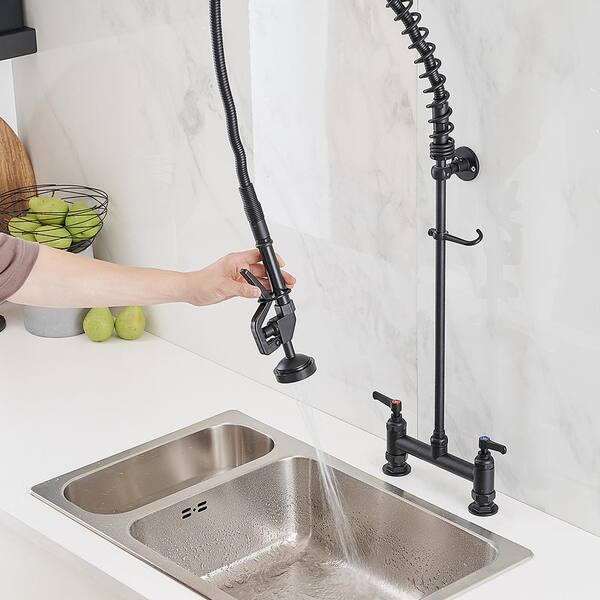 BWE Commercial Double Handles Deck Mount Pre-Rinse Utility Pull Down  Sprayer Kitchen Faucet Space Saver in Matte Black A-94260H-Black - The Home  Depot