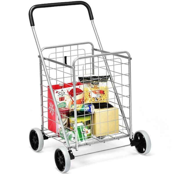 Silver  Portable Folding Shopping Cart Utility Kitchen Cart for Grocery Laundry