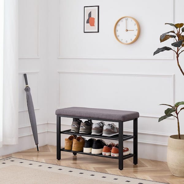31.5 in. Gray Fabric Entryway Shoe Bench with Shelves and Cushioned Seat