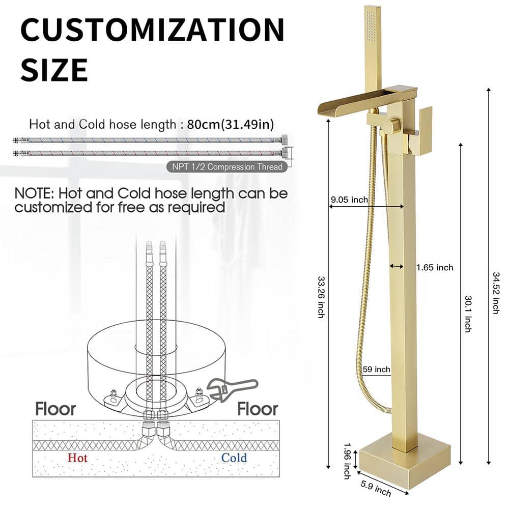 Brushed Gold Freestanding Tub Faucet with Handheld Shower