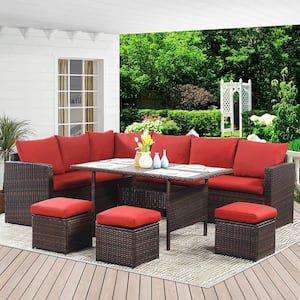 7-Piece PE Rattan Wicker Patio Outdoor Dining Sectional Sofa Set with Red Cushions