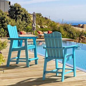 Sky Blue Plastic Adirondack Outdoor Bar Stool with Cup Holder Weather Resistant Wave Design Bar Chair(2-Pack)