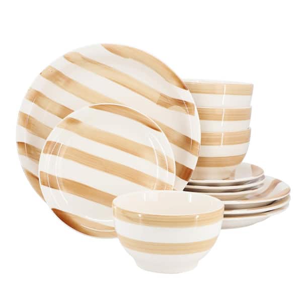 Kenwood Shores 12 Piece Stoneware Dinnerware Set in Sand Stripe