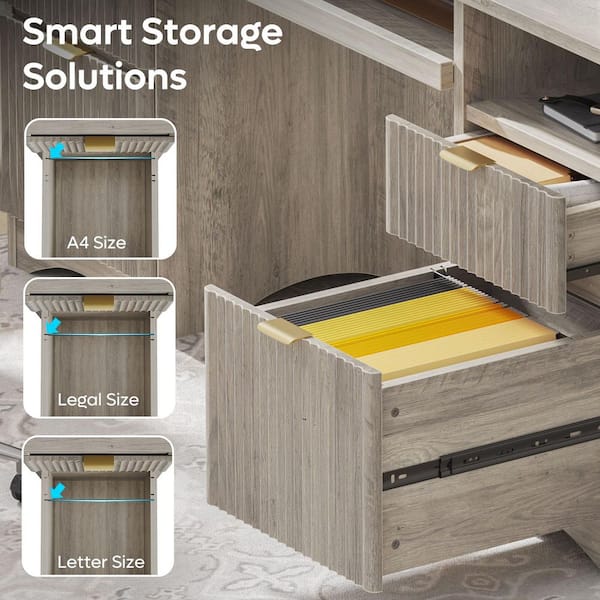 60 in. Wash Grey Fluted Executive Desk with 4-Storage Drawers and Keyboard Tray, Computer Desk for Home Office