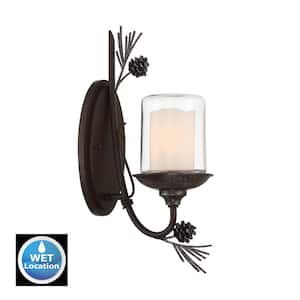 Ponderosa Ridge 1-Light Weathered Spruce and Silver Hardwired Outdoor Wall Lantern Sconce with Clear Glass Shade