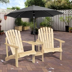 Outdoor Adirondack Chair Set of 2 with Table & Umbrella Hole, Patio Chair Set for Deck, Lawn, Pool&Backyard in Natural