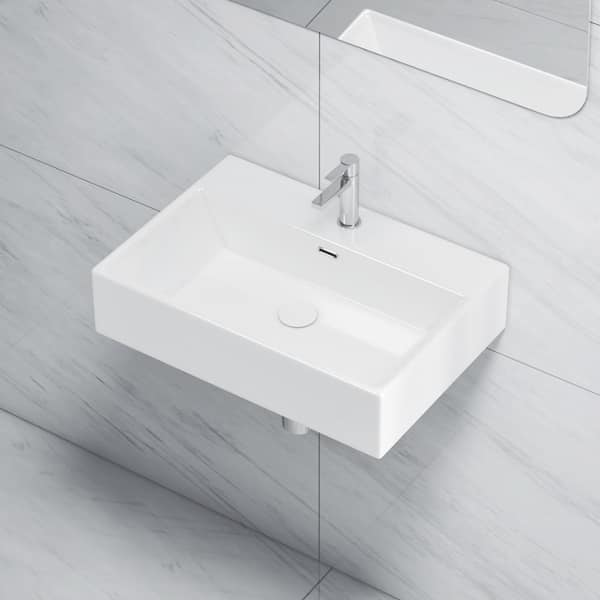 Turner 24 in. x 16 in. Vitreous China Retangular Wall-Mount Vessel Sink with Faucet Hole and Overflow in White