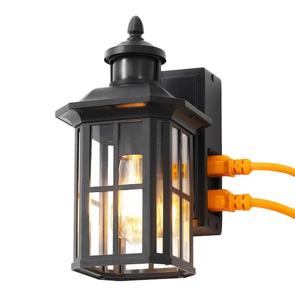 12.8 in. Black Motion Sensing Dusk to Dawn Outdoor Hardwired Wall Light Lantern Scone with Built-in 2 GFCI Outlet