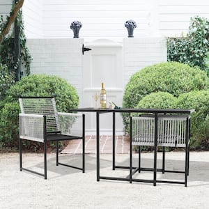 3-Piece Black Metal Rectangular Glass Tabletop Table Patio Outdoor Dining Set with Rattan Foldable Backrest Chairs