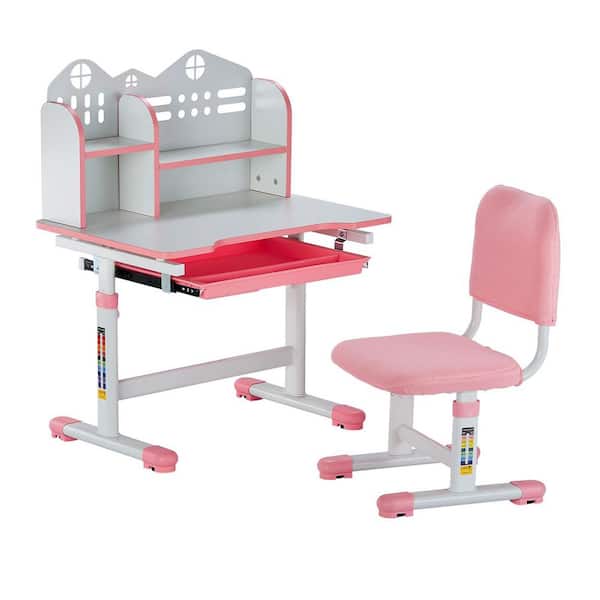 Kids Study Chair and Desk Set, Study Desk and Chair for Kids with Bookshelf and Storage Drawer, Adjustable Height Desk