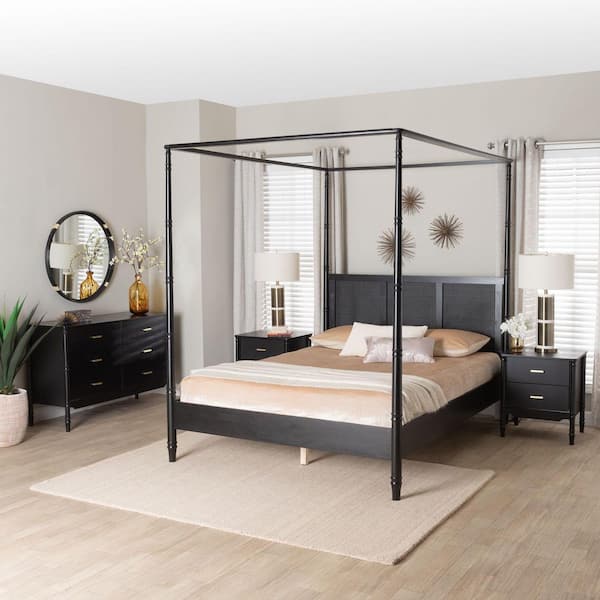 Marisela 4-Piece Black Wood King Bedroom Set with Two Nightstands