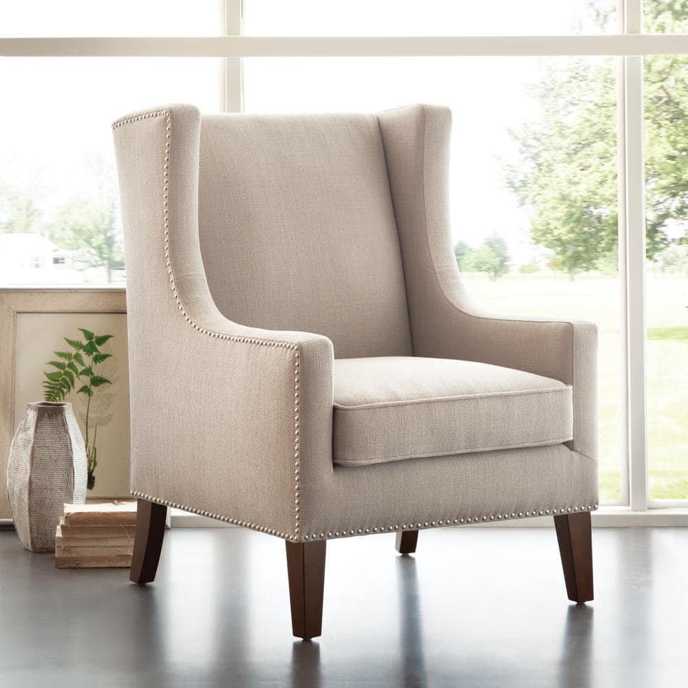 Taupe Linen Wingback Accent Chair with Tapered Wood Legs