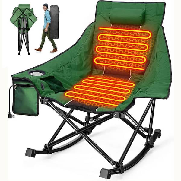 Outdoor Patio Oversized Foldable Heated Rocking Camping Green and Black Chair With Metal Frame, Not Included Power Bank