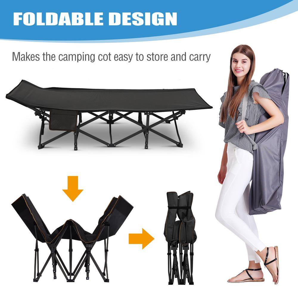 Black Steel Portable Folding Camping Cot with Cushion