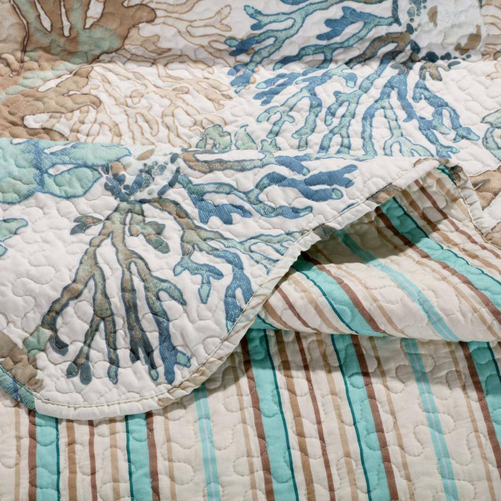 King Size Reversible Nautical Microfiber Quilt Set in Brown and Jade