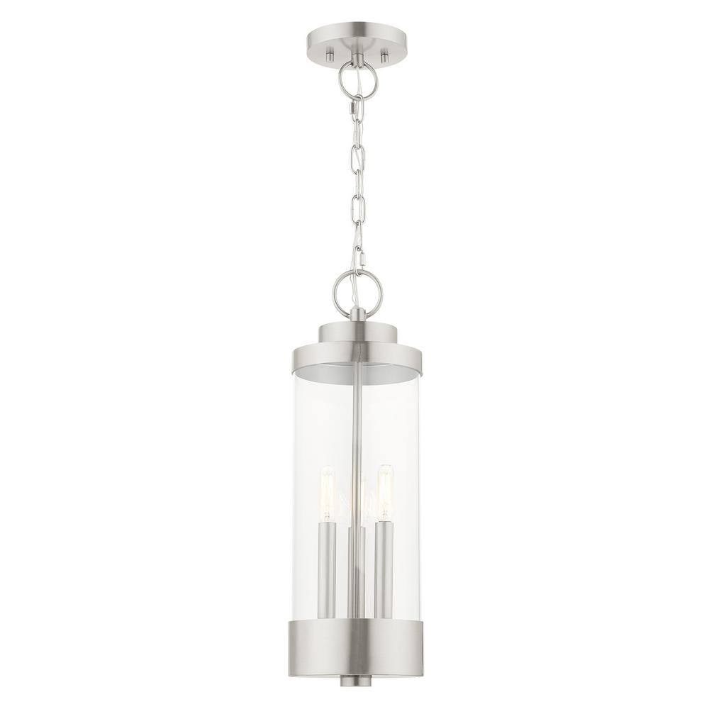 Brushed Nickel 3-Light Indoor/Outdoor Pendant Lantern with Clear Glass