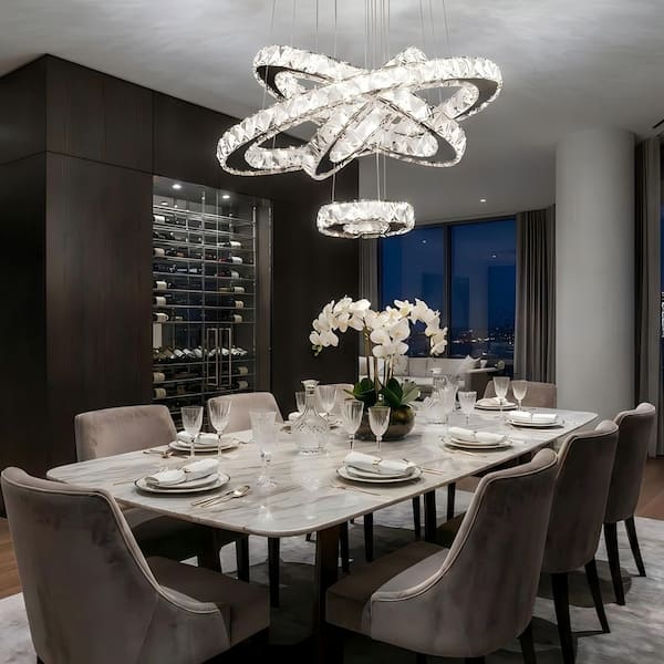 Jefferson 4-Light 17.7 in. Integrated LED Chrome Crystal Traditional Circle Dimmable Chandeliers Living Foyer Lighting