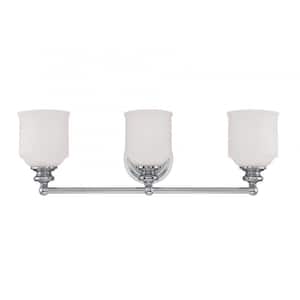 Melrose 24 in. W x 7.75 in. H 3-Light Polished Chrome Bathroom Vanity Light with White Glass Shades