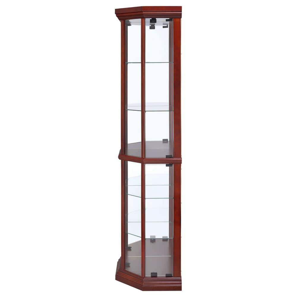 Medium Brown Lighted Corner Curio Cabinet with Glass Shelves