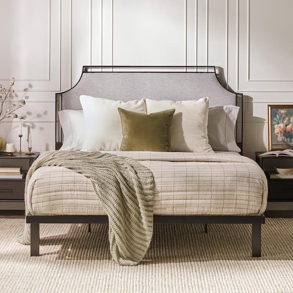 Transitional Gray Metal Frame Queen Platform Bed with Upholstered Headboard