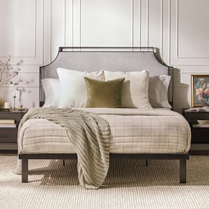 Transitional Gray Metal Frame Queen Platform Bed with Upholstered Headboard