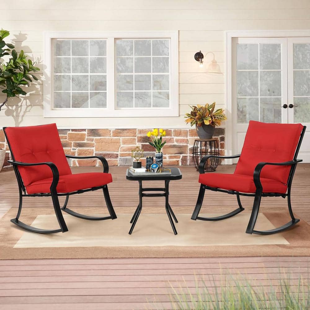 3-Piece Iron Outdoor Bistro Set with Red Thickened Cushion and Glass-Top Co