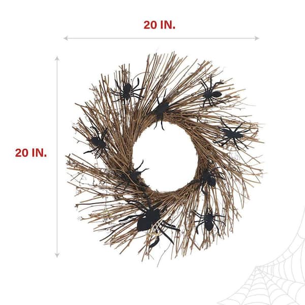 20 in. Battery-Operated Natural Twig Halloween Wreath with LED Lights and Creepy Spiders